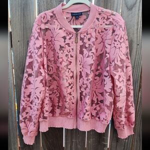 Lane Bryant Pink Coral Floral Sheer Lace Long Sleeve Bomber Jacket Size 18/20